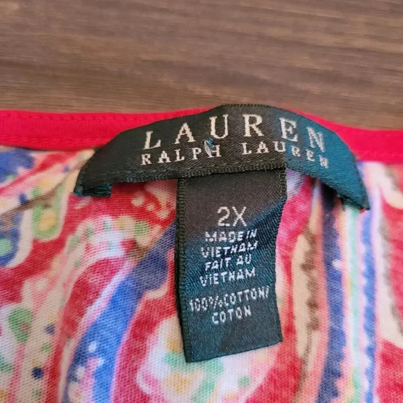 Lauren Ralph Lauren Blouse Top Women's 2X Red Cotton Paisley Short Cap Sleeves - Picture 3 of 6